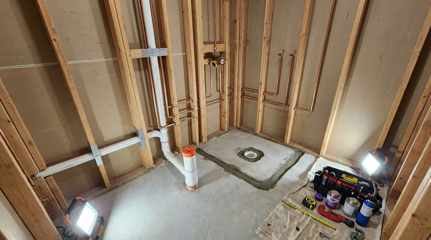 Bathroom rough-in plumbing during remodel by Johns Plumbing LLC in Port Saint Lucie