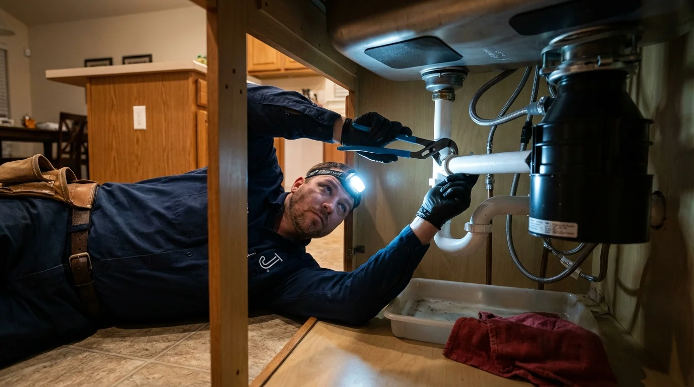 P-trap and supply line connections under a kitchen sink showing a common leak point in Port Saint Lucie, FL